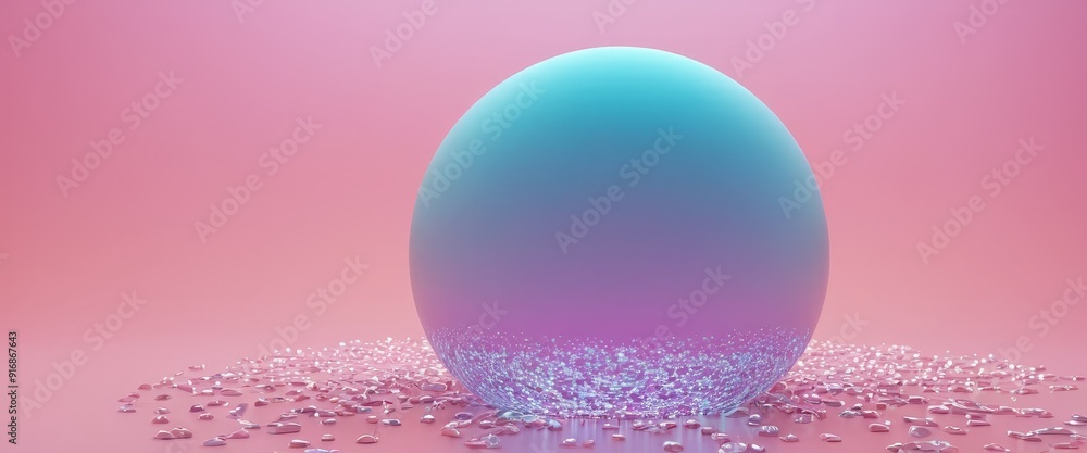 Poster blue egg-shaped object with gradient gradient sits on pink background, surrounded by scattered white