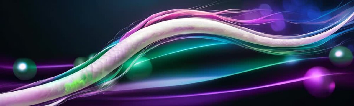 digital illustration of a serpentine dragon in motion with swirling hues of purple, blue, and green neon colors. Intro, Chinese calendar. Snake and dragon, symbol of year. Web site banner