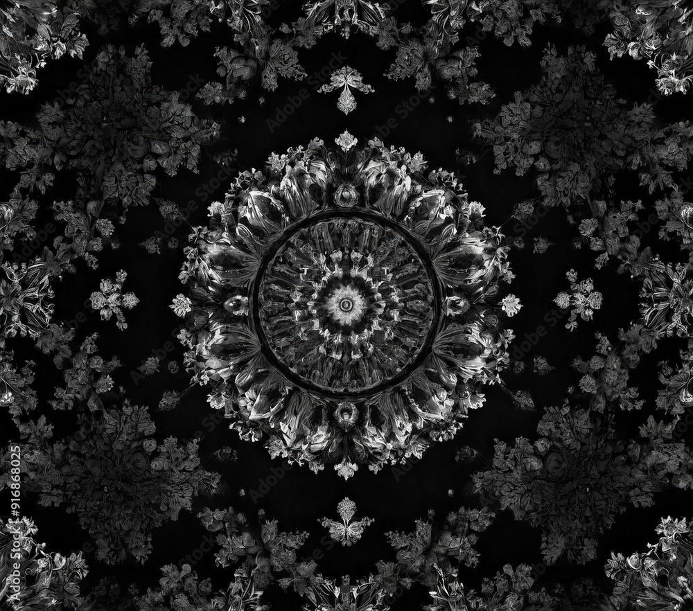 Poster symmetrical black and white mandala pattern features central flower-like design surrounded by intric