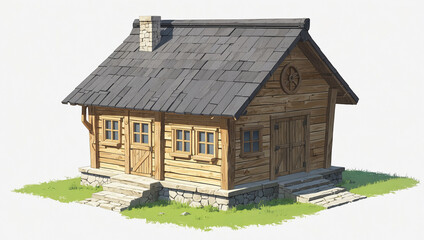 a small, wooden cottage with a brown door