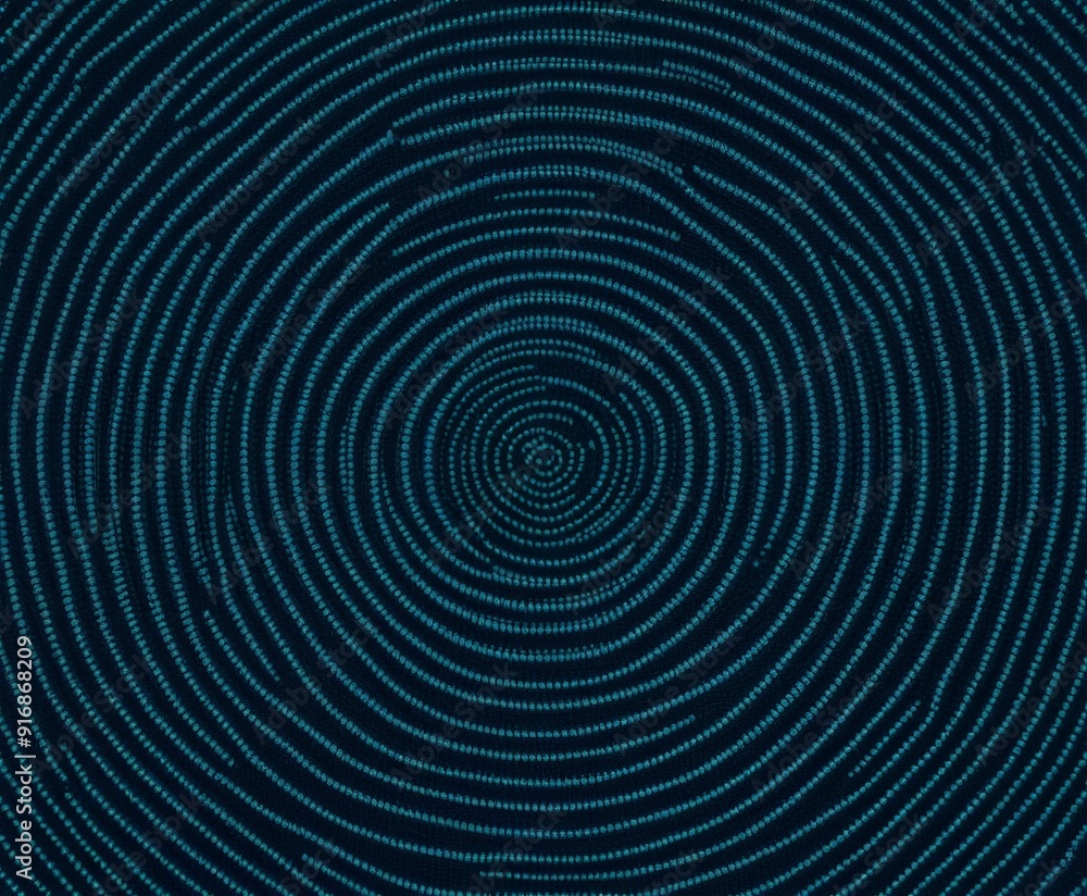 Poster dark blue spiral pattern with central dot, creating sense depth and movement.