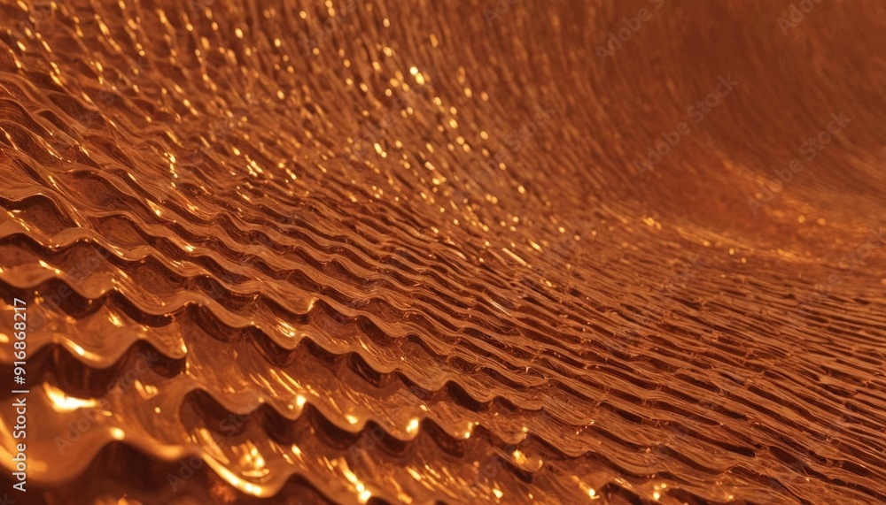Poster close-up view textured surface with warm, golden-brown hue, featuring repeating pattern wavy lines a