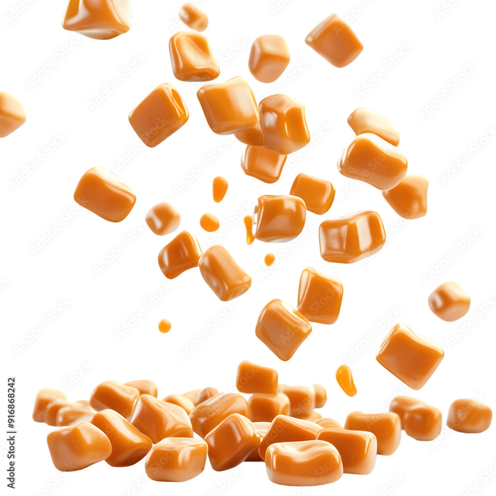 Poster falling caramel candies isolated on a white background with full depth of field, dynamic capture