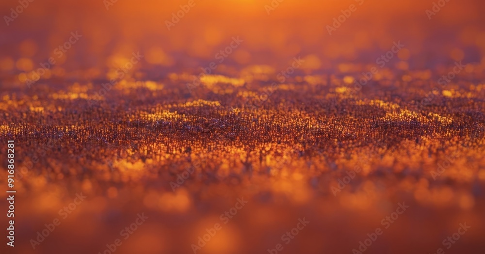 Poster close-up view textured surface with warm, orange-toned glow, creating sense depth and movement.