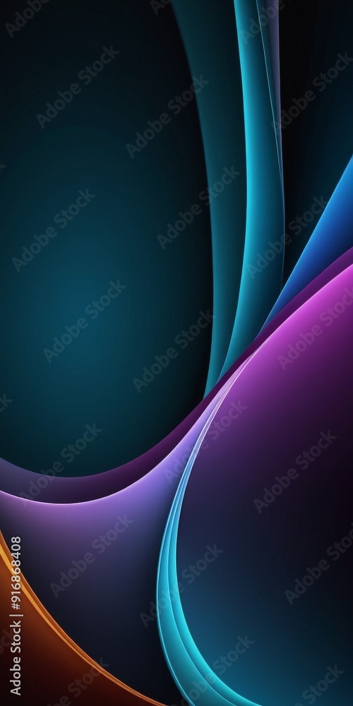 Poster digital abstract shapes and lines in shades blue, purple, and orange, creating dynamic and visually 