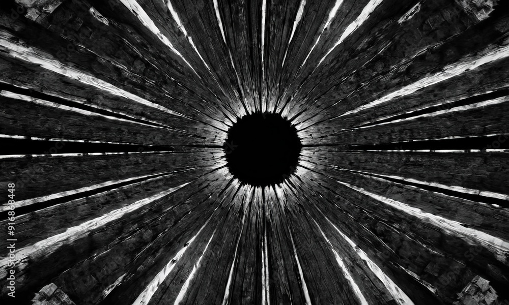 Poster black and white depicting circular opening in wall, surrounded by radiating lines and patterns, crea