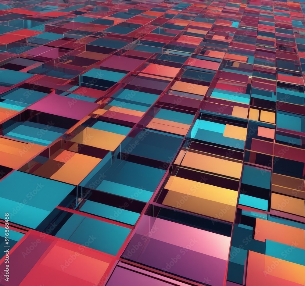 Poster 3d grid-like pattern overlapping cubes in various shades red, orange, yellow, and blue.