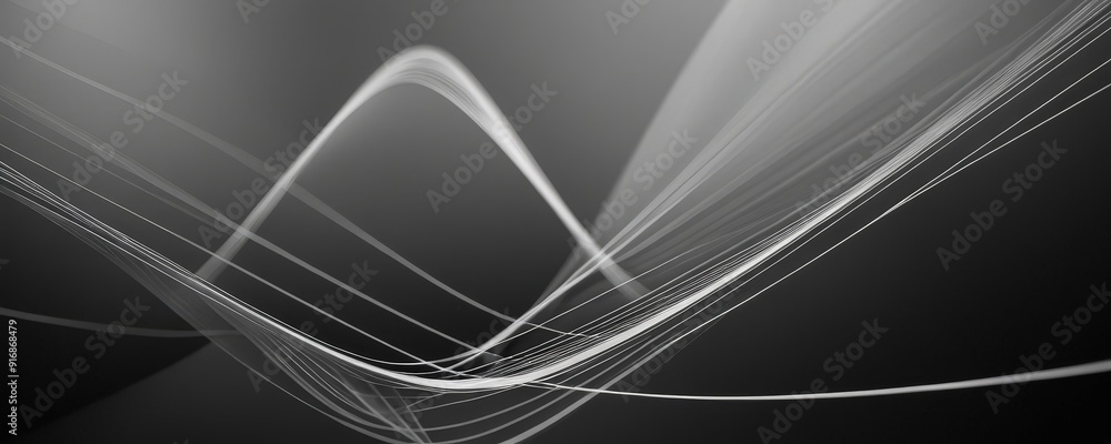 Poster black and white abstract featuring curved, wave-like shape with triangular opening, creating sense m
