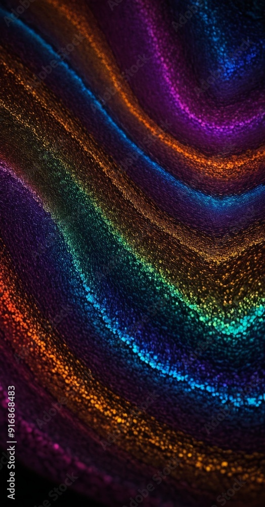 Poster digital rainbow-like pattern with vibrant colors and wavy lines, creating sense movement and energy.