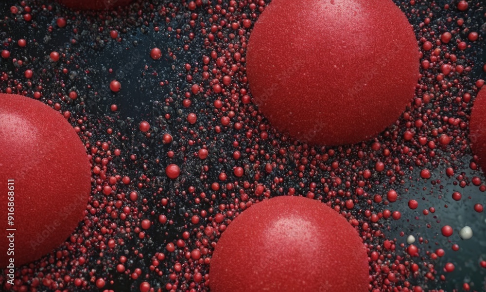 Poster 3d red spheres with dark background, scattered with small red dots, creating sense depth and texture