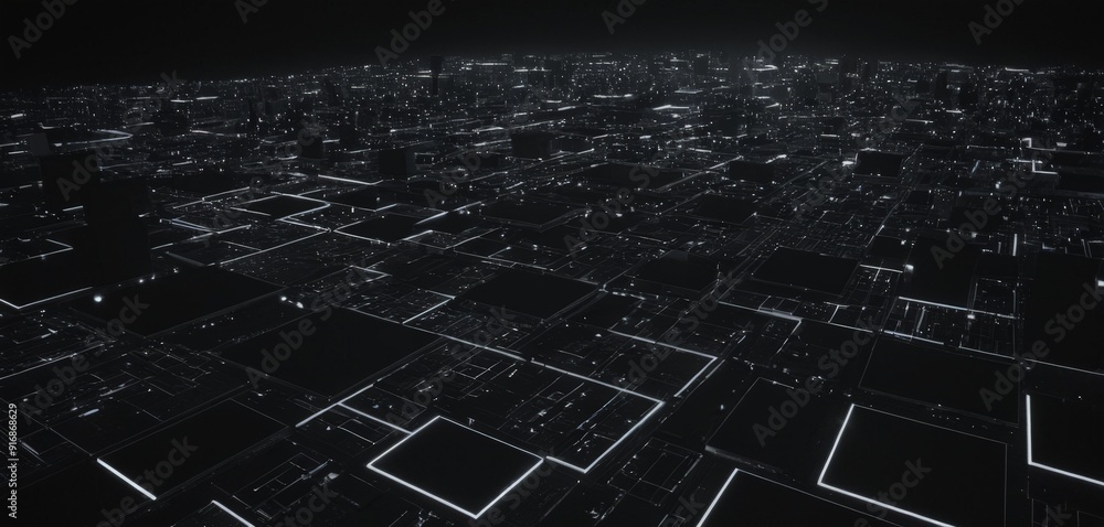 Poster digital cityscape with complex network interconnected buildings and structures, rendered in dark,