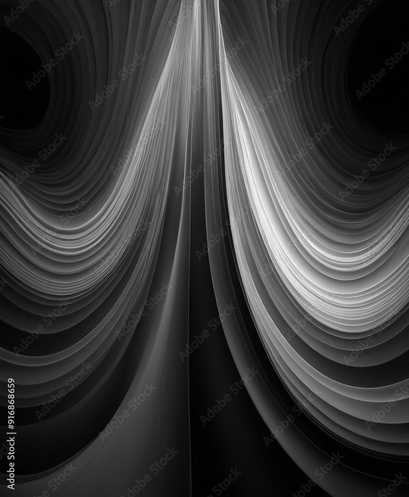 Poster black and white abstract featuring curved lines and swirls, creating sense movement and dynamism.
