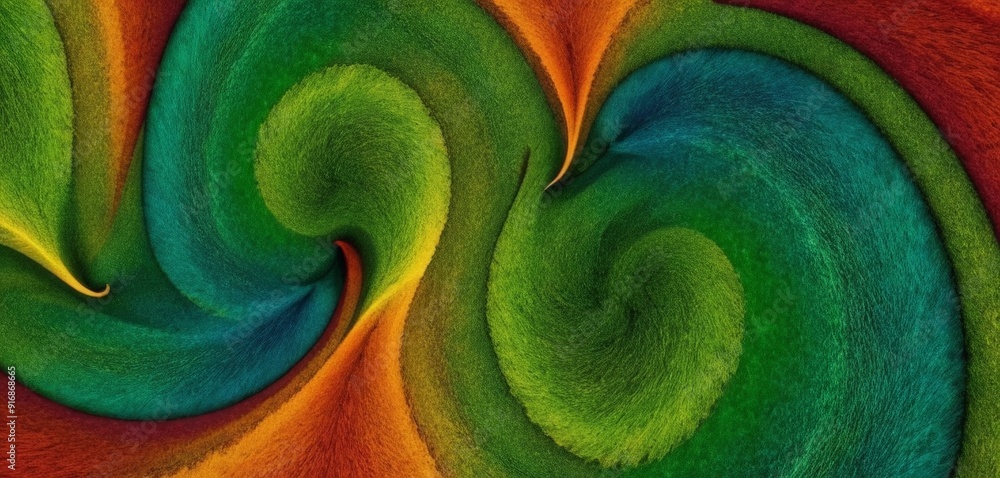 Poster vibrant abstract features swirling patterns green, orange, and red hues, creating dynamic and energe