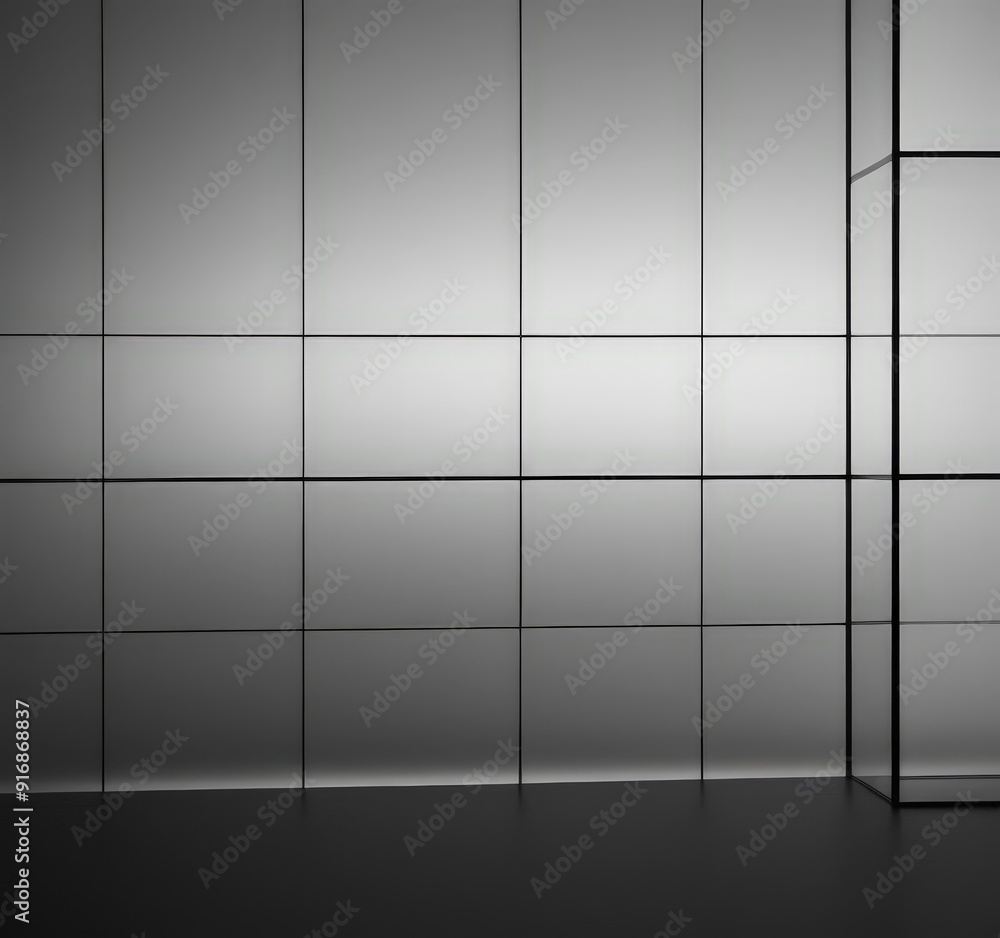 Poster minimalist room with grid-like pattern white and gray panels, featuring vertical black column on the