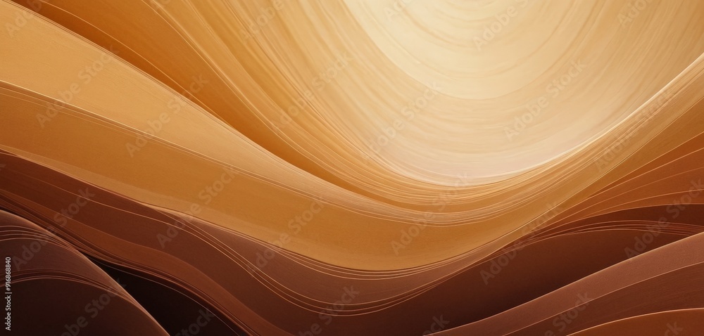 Poster warm, abstract background features gradient brown and orange hues, with central light source casting