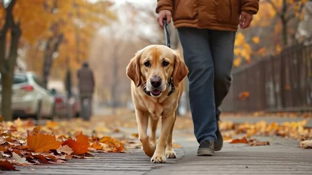 A man who is blind is assisted in walking by a guide dog.