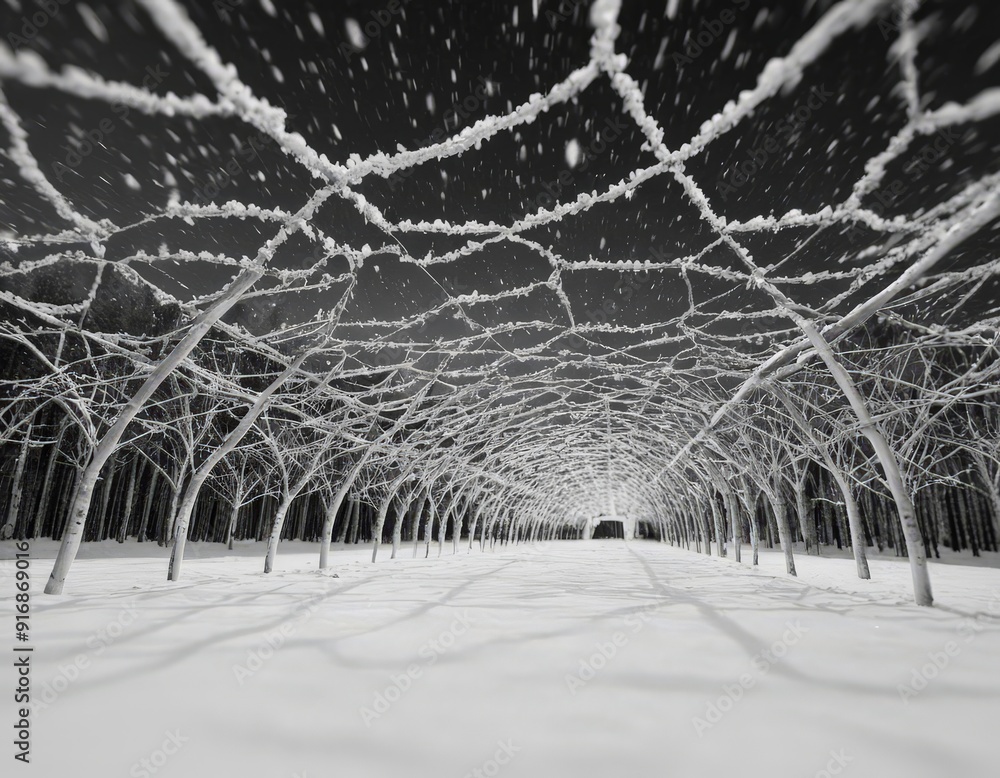 Poster snowy night scene features long, arched walkway lined with bare trees, creating sense depth and dist