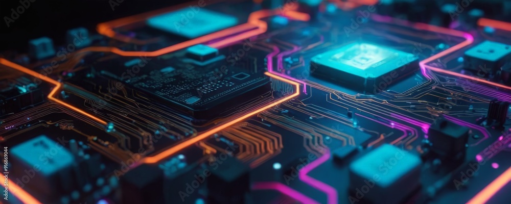 Poster 3d complex circuit board features central processor surrounded by various components, with vibrant d