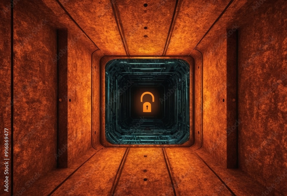 Poster dimly lit hallway with single light source, creating sense depth and mystery.