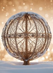 Obraz premium spherical, wire-frame structure with snow-covered top stands against blurred, golden background, creating