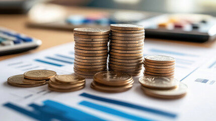 Desk Setup for Financial Planning with Stacks of Coins, Calculator, and Papers