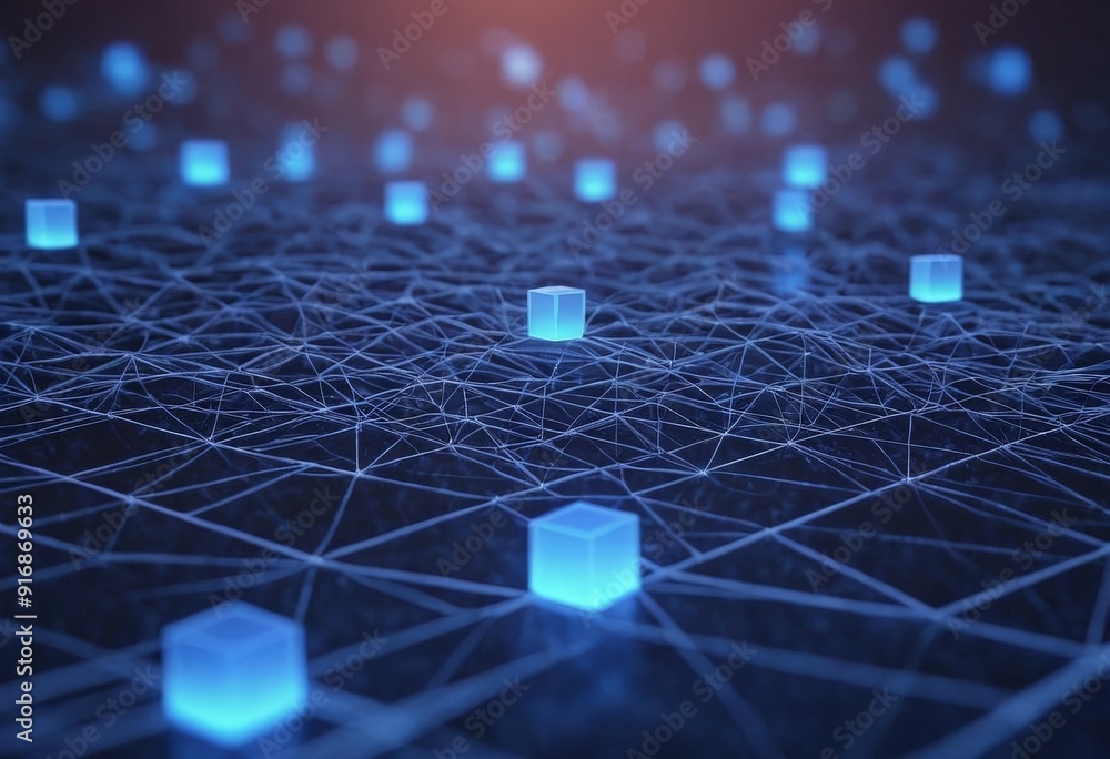 Poster 3d complex network interconnected blue cubes, with some cubes glowing in the background.