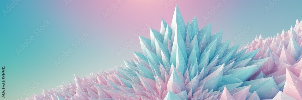 Poster 3d snowflake-like structure in shades blue and pink, with gradient background transitioning from blu