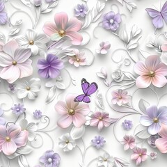Obraz premium Elegant 3D seamless floral pattern featuring pastel pink and purple flowers with butterflies on a white embossed background.