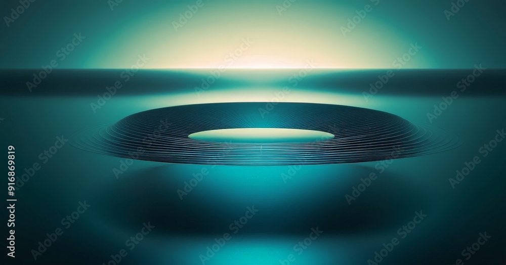 Poster black circular object with white center is suspended in blue-green gradient, creating sense depth an