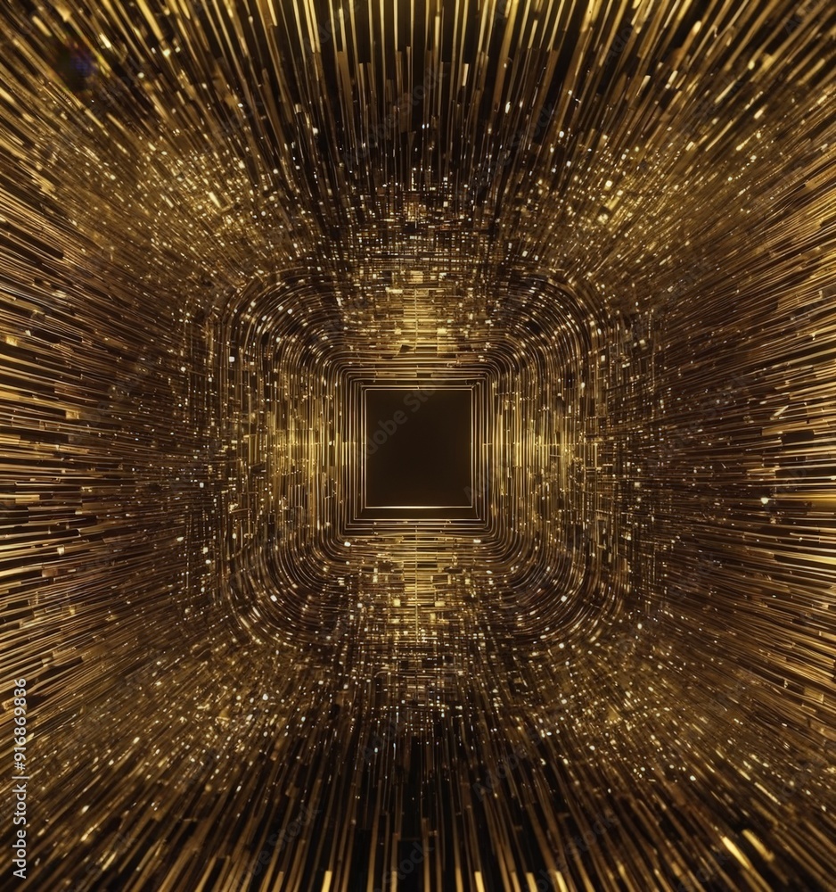 Poster symmetrical gold and black abstract pattern with central square and radiating lines creates sense de