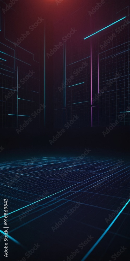 Poster futuristic room with grid-like pattern blue and green lines, illuminated by red light, creating sens