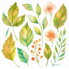 
Set on a white background of wildflowers, forest flowers and leaves in watercolor technique, in an autumn yellow-green delicate palette