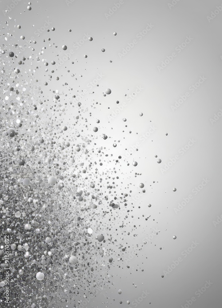 Poster black and white chaotic pattern small white and gray particles, with some appearing to be in motion.