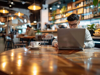 Young asian man working on a laptop at a cozy cafe during the afternoon © Dream maker