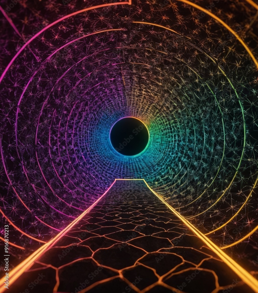 Poster digital tunnel with circular opening at its center, surrounded by vibrant gradient colors and illumi