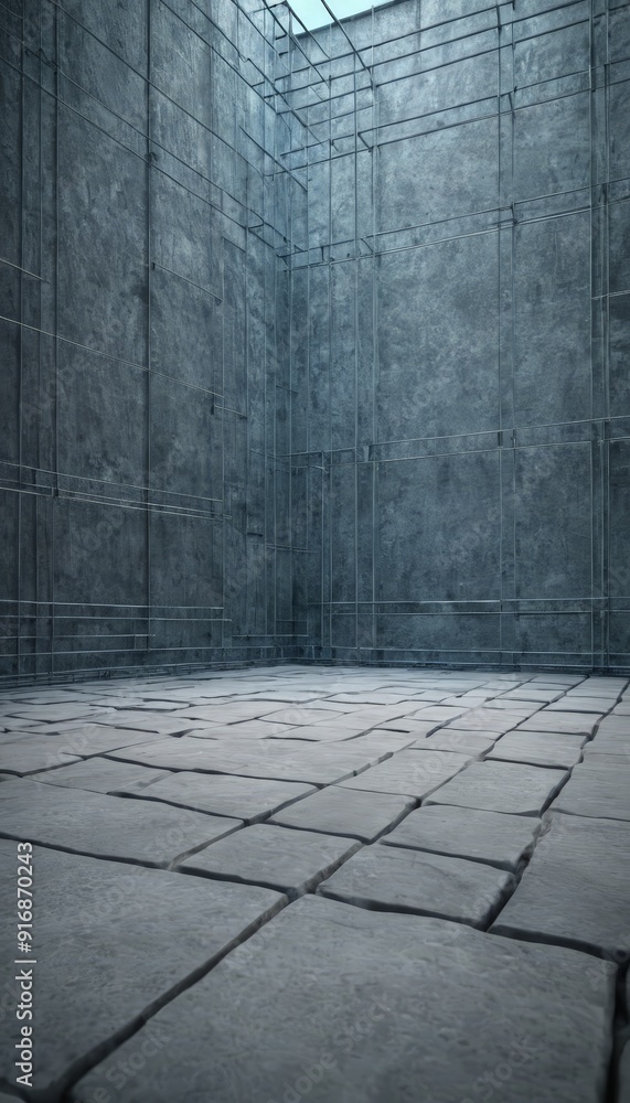 Poster dimly lit, empty room with concrete floor and walls, featuring grid-like pattern gray tiles.