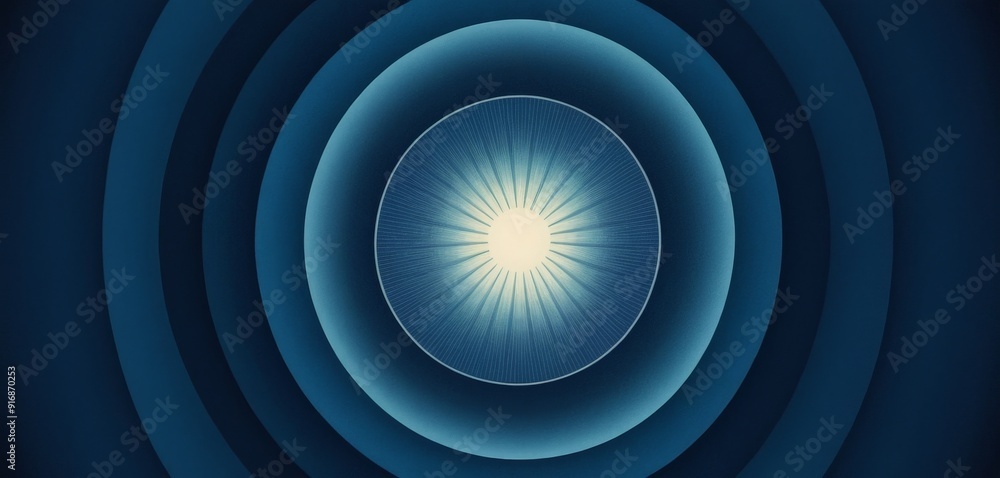 Poster white light radiates from blue circle, creating mesmerizing pattern concentric circles against dark 