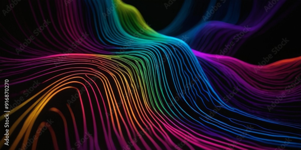 Poster vibrant abstract features swirling lines and curves in rainbow colors, creating dynamic and visually