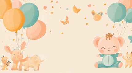 Baby shower banner with a cartoon baby and animal-shaped helium balloons on beige