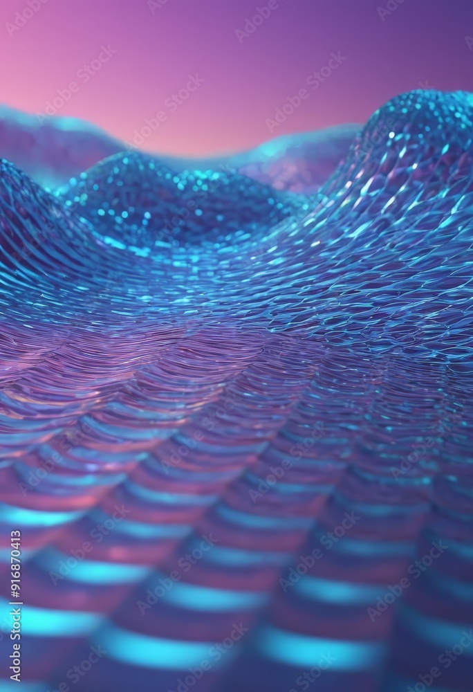 Poster digital wave-like surface with gradient blue and purple hues, creating sense depth and movement.