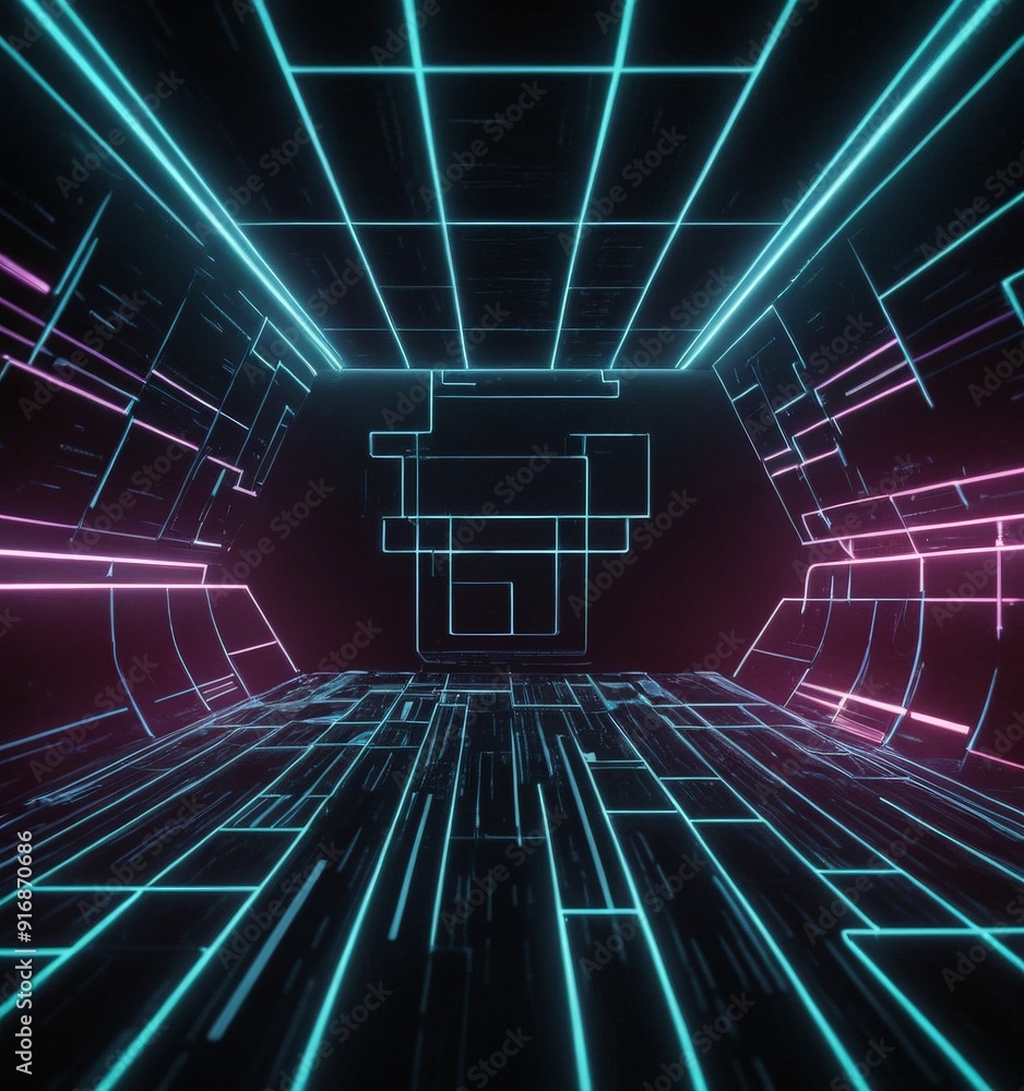 Poster futuristic, neon-lit corridor with grid-like pattern blue and pink lines, creating sense depth and d