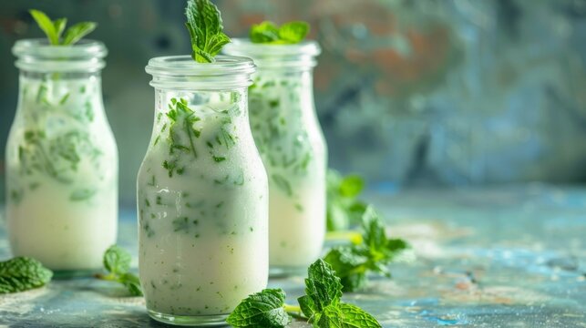 Refreshing homemade mint infused buttermilk in glass jars