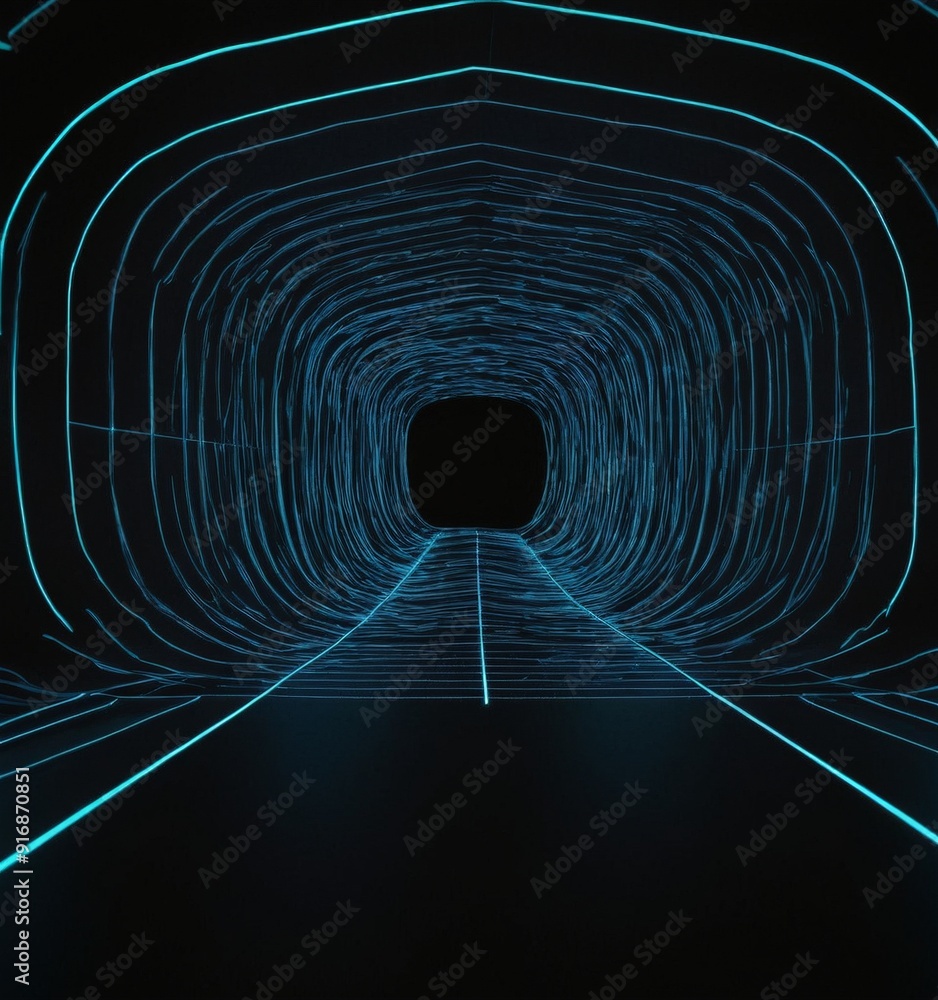 Poster dark, curved tunnel with single light source at the end, creating mesmerizing blue glow.