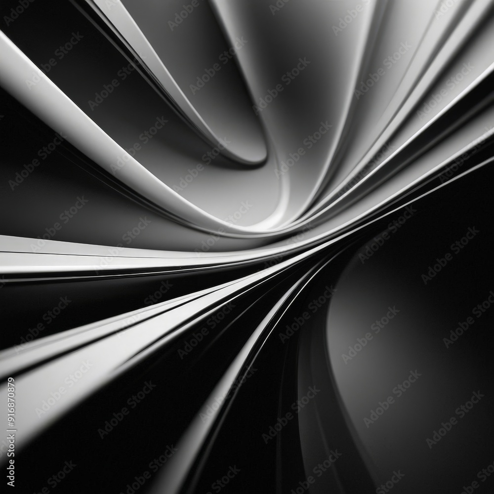 Poster black and white abstract featuring curved lines and swirls, creating sense movement and dynamism.