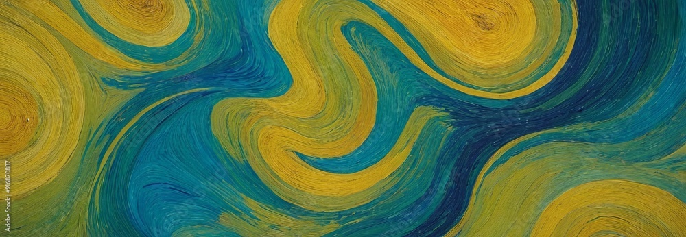 Poster abstract painting features swirling patterns blue and yellow hues, creating dynamic and vibrant visu