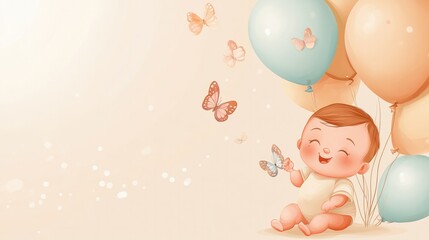 Baby shower banner with a cartoon baby and butterfly-shaped helium balloons on beige