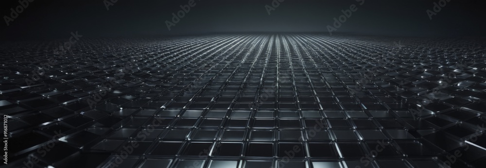 Poster 3d dark, grid-like surface with gradient black and gray, creating sense depth and texture.