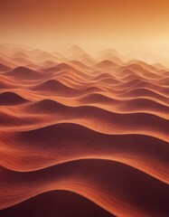 desert landscape with undulating sand dunes bathed in warm orange hues, with hazy orange sky above.