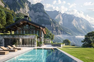 Modern house in suburb with beautiful green landscape and swimming pool