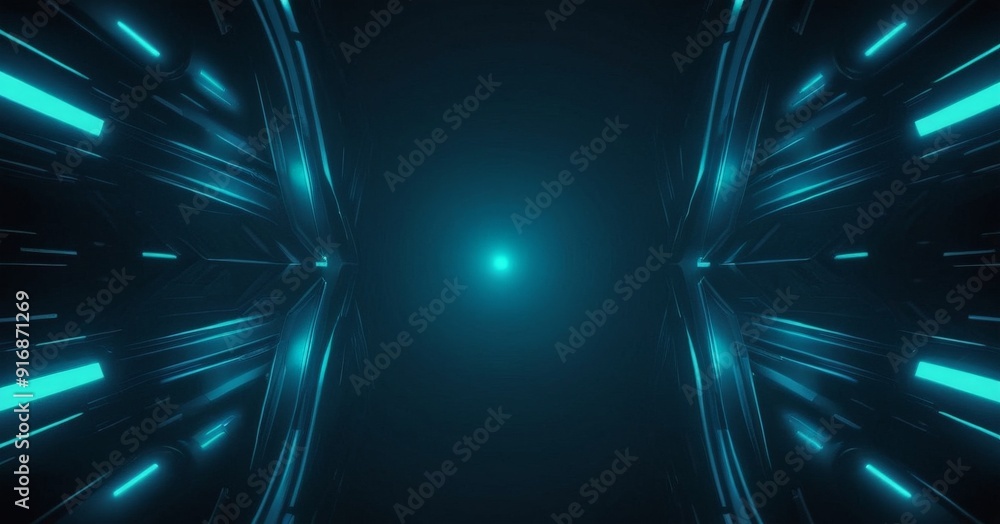 Poster digital futuristic tunnel with blue neon lights, creating sense depth and movement.